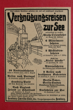 Blatt Historische Werbung Hamburg Amerika Linie 1905 Reise zur See nach Orient England Portugal Island Nordkap Nordlandfahrt